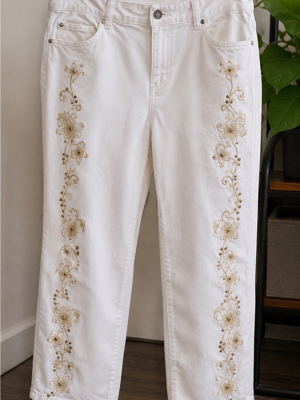 White Embroidered Floral Women's Jeans
